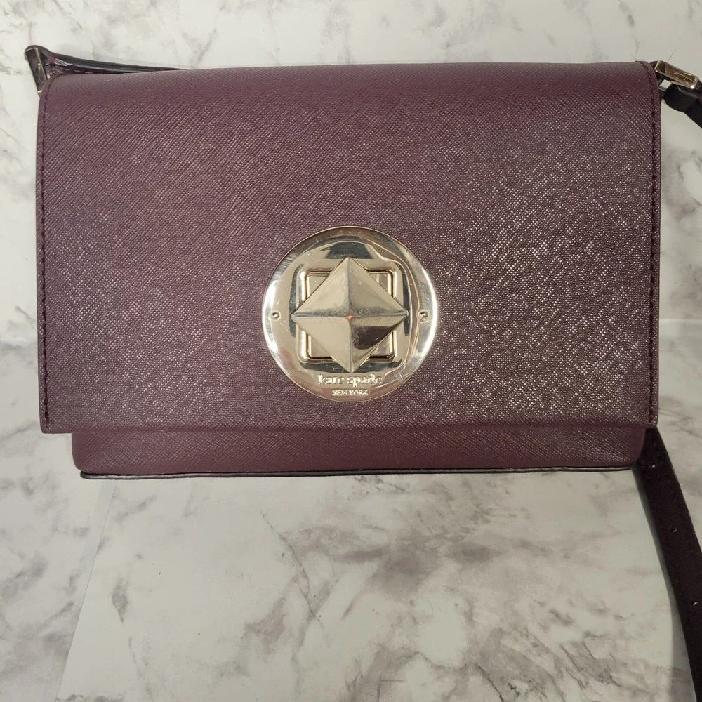 Kate Spade Burgundy Saffiano Leather Crossbody Bag Gold Pyramid Turnlock Plum